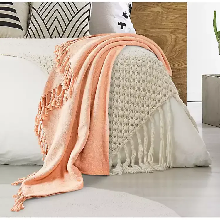 Online Peach Checkered Weave Fringe Throw Blankets & Throws