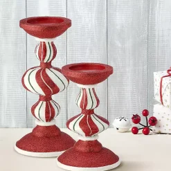 New Peppermint Stripe Candle Holders, Set of 2 Christmas Decorations