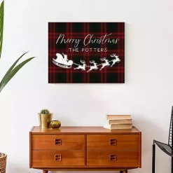 Discount Personalized Plaid Santa Sleigh Canvas Wall Plaque Christmas Art & Wall Decor