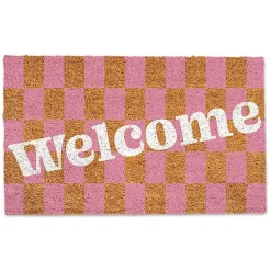 Kirklands Home Doormats|Pink Checkered Welcome Coir Doormat