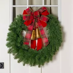 Hot Plaid Bow and Gold Bells Juniper Wreath Wreaths