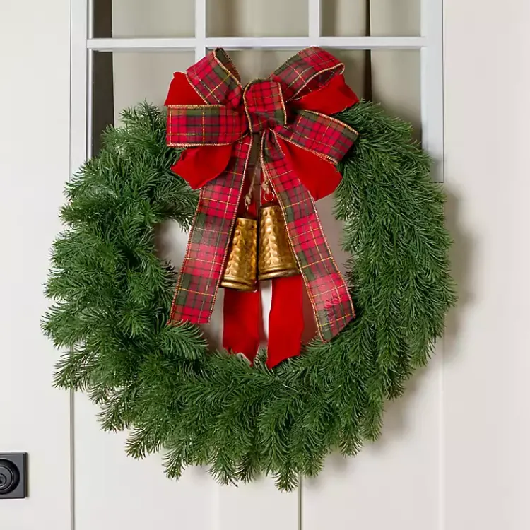 Hot Plaid Bow and Gold Bells Juniper Wreath Wreaths