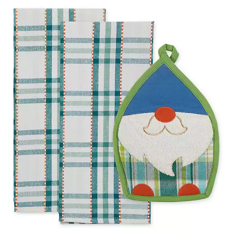 Kirklands Home Kitchen Accessories|Plaid Garden Gnome 3-pc. Towel and Pot Holder Set