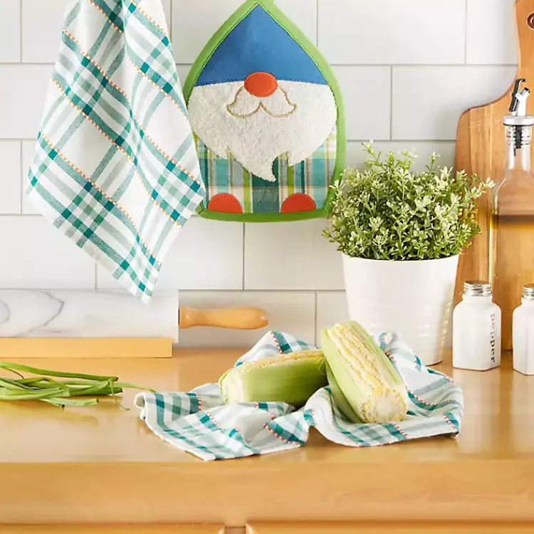 Kirklands Home Kitchen Accessories|Plaid Garden Gnome 3-pc. Towel and Pot Holder Set