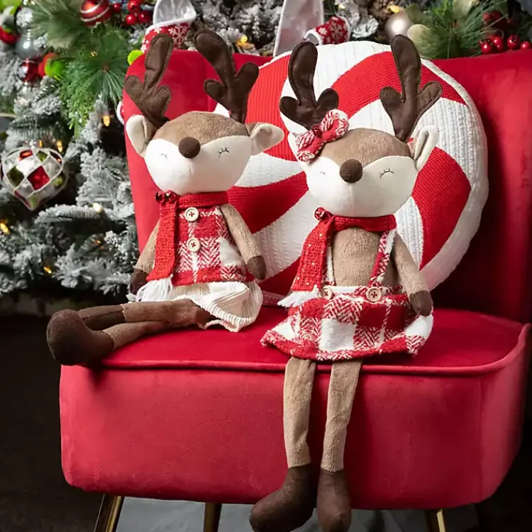 Outlet Plush Reindeer Plaid Shelf Sitters, Set of 2 Christmas Decorations