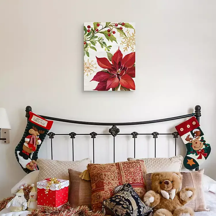 Discount Poinsettia and Holly Canvas Art Print Christmas Art & Wall Decor