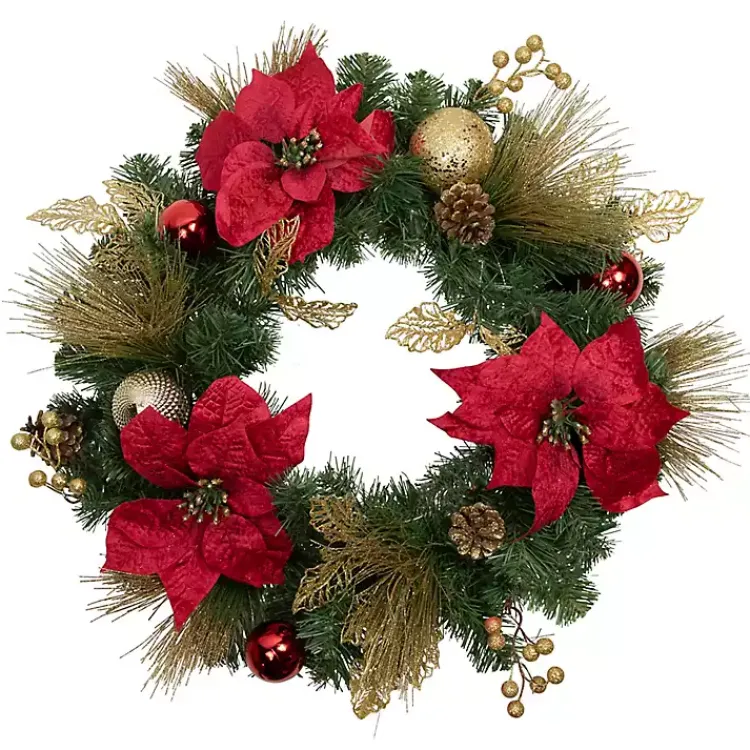 Sale Poinsettia and Ornament Wreath Christmas Wreaths