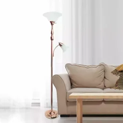 Kirklands Home Floor Lamps|Polished Rose Gold and White Reading Arm Torchiere Pink