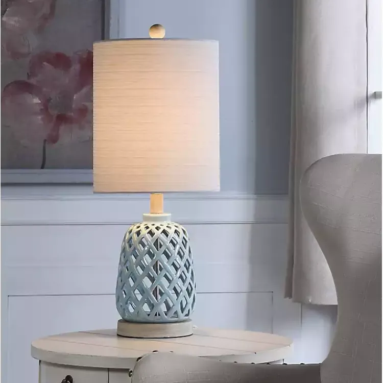 Kirklands Home Table Lamps|Powder Blue Open Weave Ceramic Table Lamp Ivory