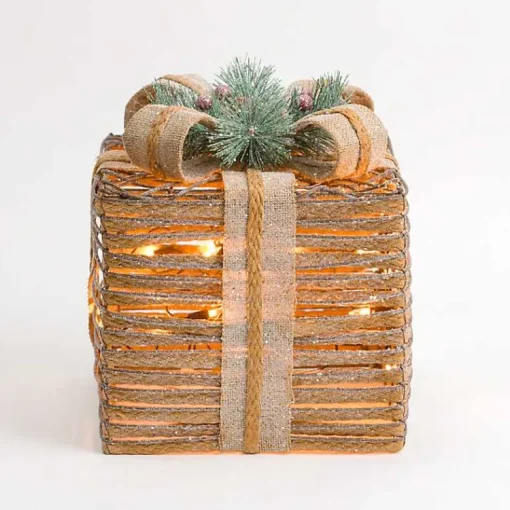 Sale Pre-Lit Braided Burlap Christmas Gift Box, 10 in. Outdoor Christmas Decorations