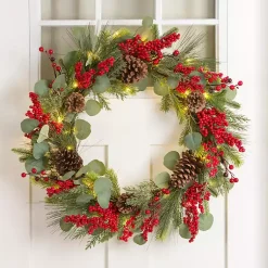 Clearance Pre-Lit Eucalyptus and Red Berry Wreath Wreaths