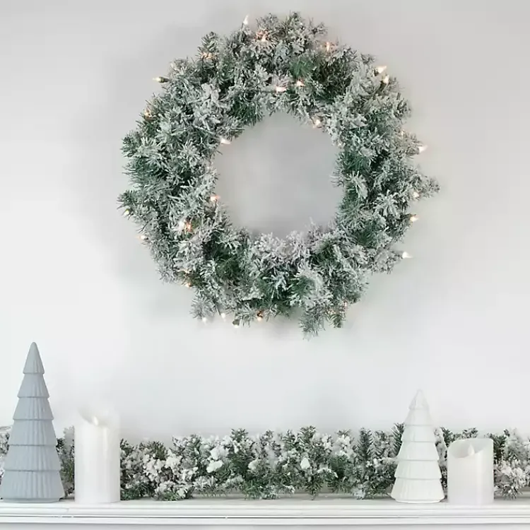 Online Pre-lit Flocked Artificial Pine Wreath Christmas Wreaths