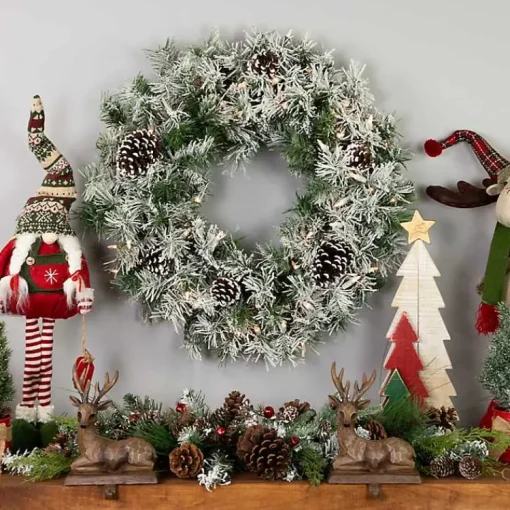 Hot Pre-Lit Flocked Madison Pine Wreath Christmas Wreaths