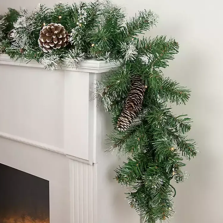 Clearance Pre-Lit Frosted Pine and Pinecone Garland Christmas Arrangements & Garland