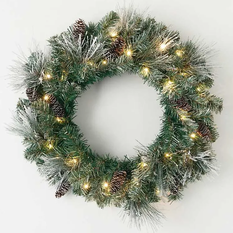 Discount Pre-Lit Frosted Pine and Pinecone Christmas Wreath Christmas Wreaths