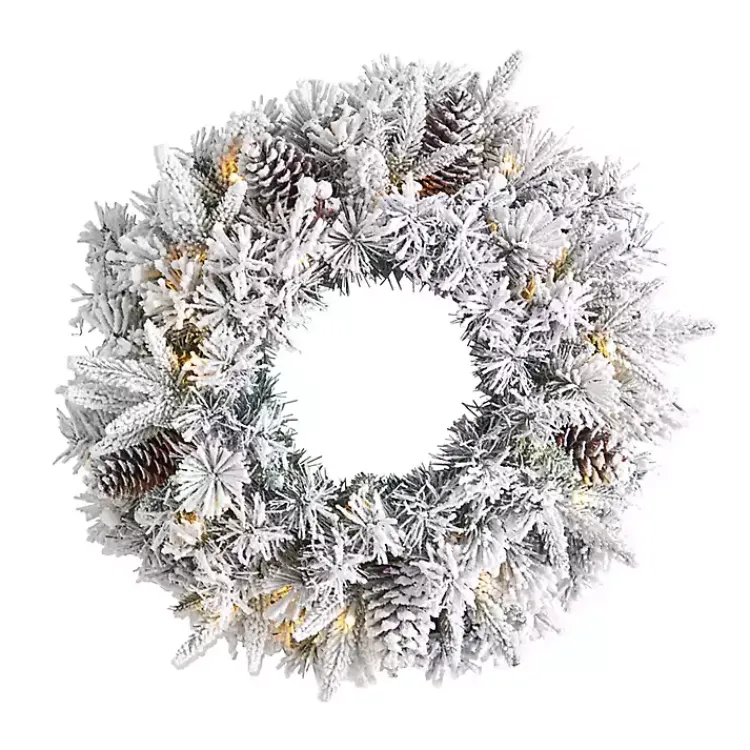 New Pre-Lit Fully Flocked Pine Branch Wreath Christmas Wreaths