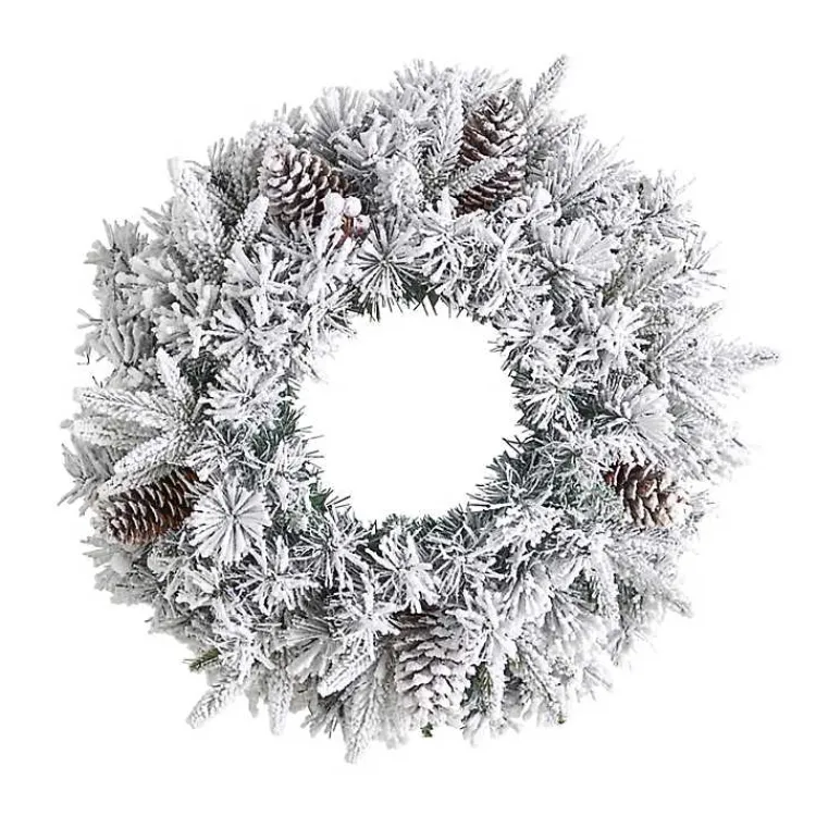 New Pre-Lit Fully Flocked Pine Branch Wreath Christmas Wreaths