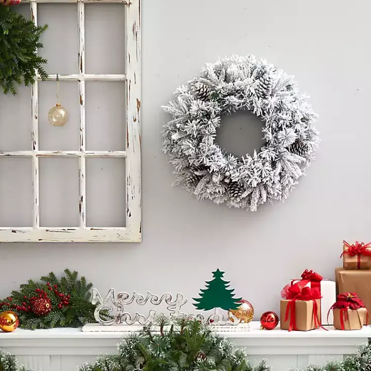New Pre-Lit Fully Flocked Pine Branch Wreath Christmas Wreaths