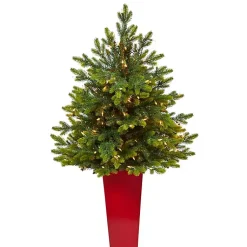 Discount Pre-Lit North Carolina Fir Tree in Red Planter Christmas Arrangements & Garland