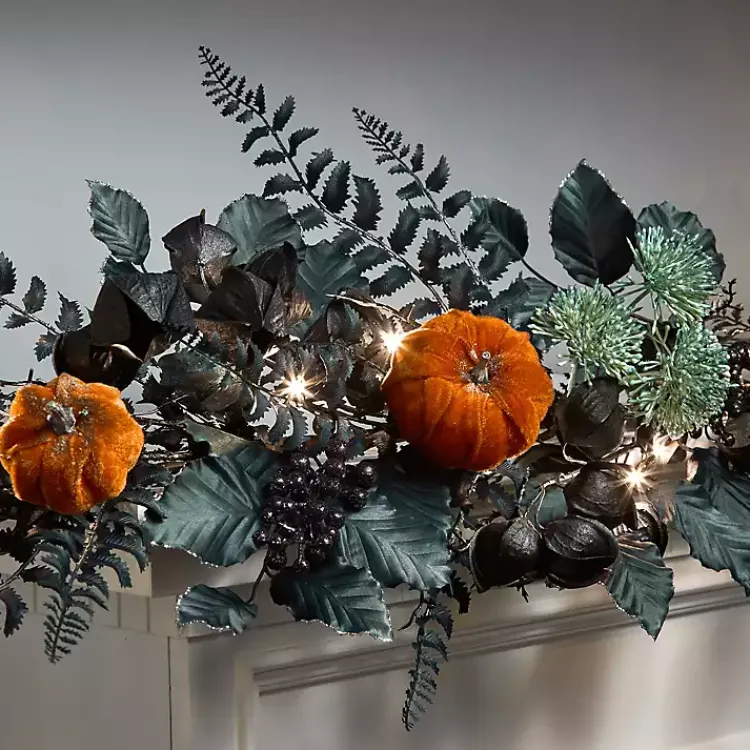 Discount Pre-Lit Pumpkin and Black Leaf Garland Halloween
