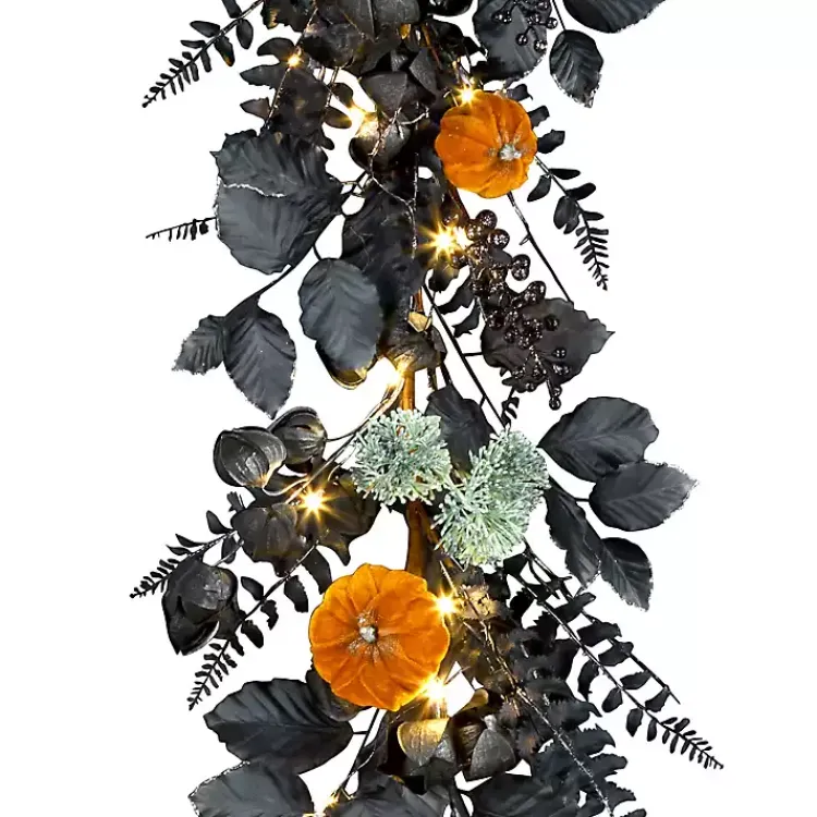 Discount Pre-Lit Pumpkin and Black Leaf Garland Halloween