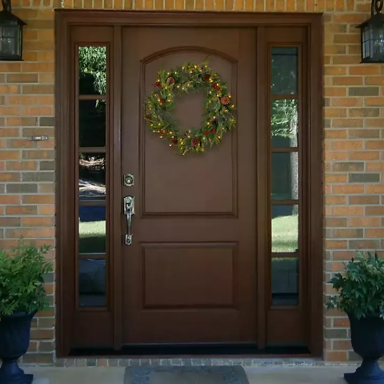 Outlet Pre-lit Real Touch Pine and Berry Wreath Christmas Wreaths