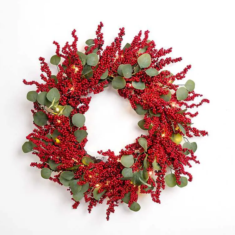 Online Pre-lit Red Berry and Eucalyptus Wreath Christmas Wreaths