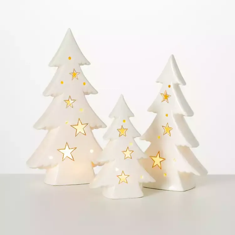 Best Pre-Lit Porcelain Tree Statues, Set of 3 Christmas Decorations