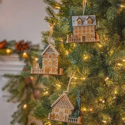 Clearance Pre-Lit Wooden House Christmas Ornaments, Set of 3 Christmas Ornaments