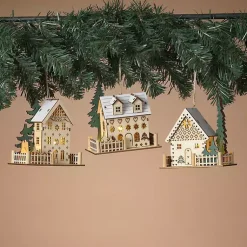 Clearance Pre-Lit Wooden House Christmas Ornaments, Set of 3 Christmas Ornaments