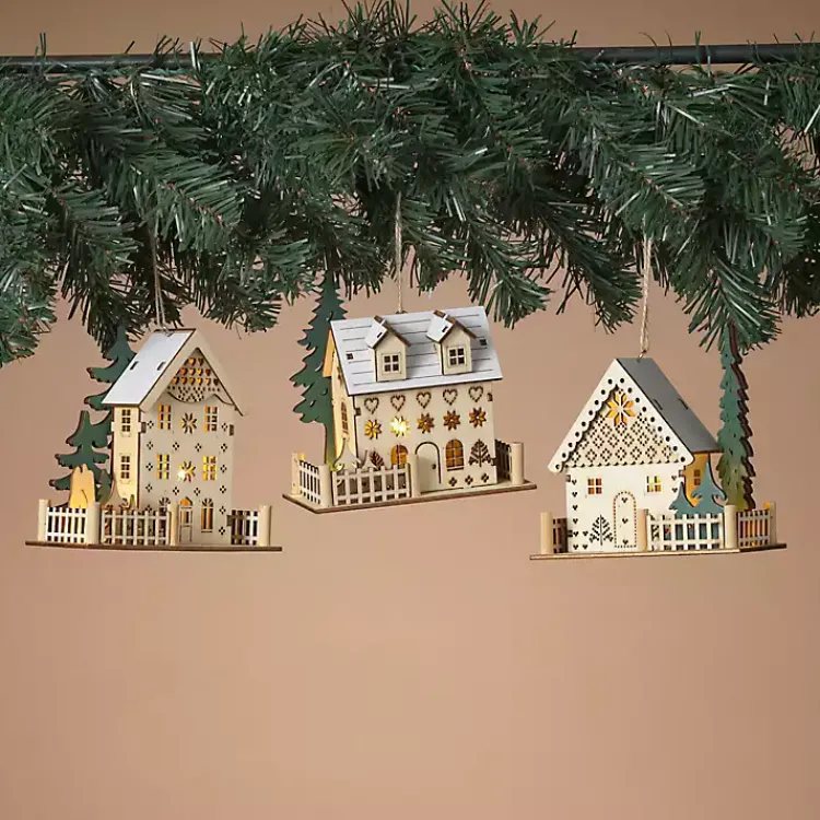 Clearance Pre-Lit Wooden House Christmas Ornaments, Set of 3 Christmas Ornaments