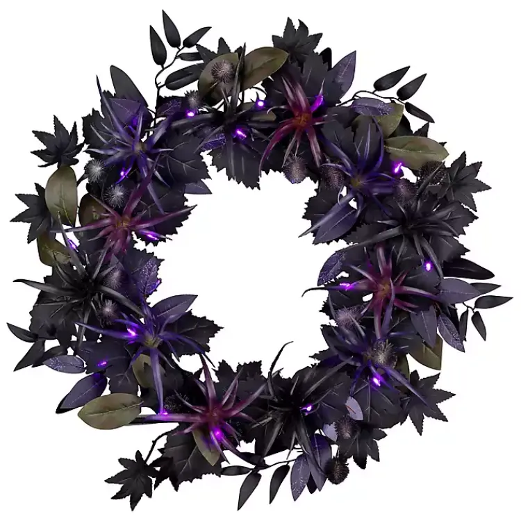 New Purple Pre-Lit Black Leaves Wreath Halloween