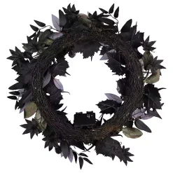 New Purple Pre-Lit Black Leaves Wreath Halloween