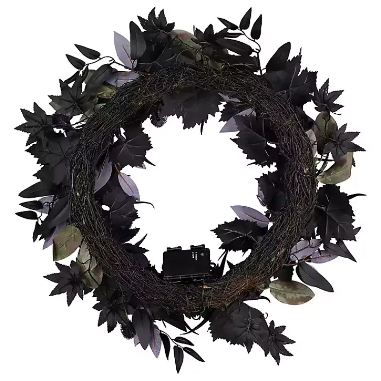 New Purple Pre-Lit Black Leaves Wreath Halloween