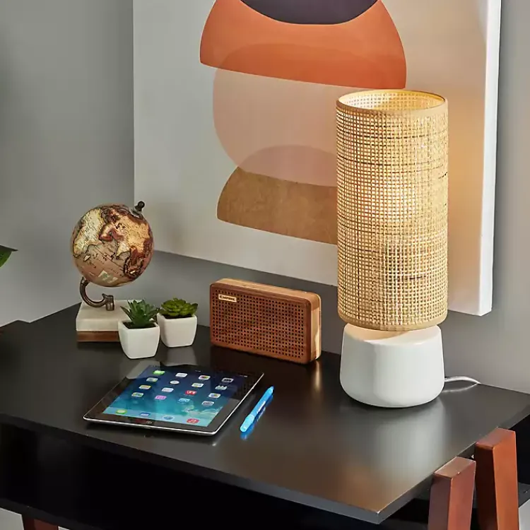 Kirklands Home Table Lamps|Rattan Cylinder Shade White Base Table Lamp