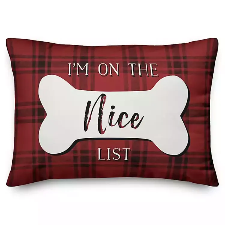 Clearance Red and Black Plaid Naughty and Nice Bone Pillow Christmas Pillows
