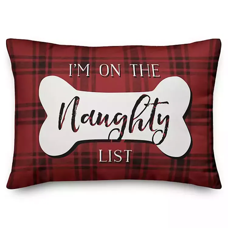 Clearance Red and Black Plaid Naughty and Nice Bone Pillow Christmas Pillows