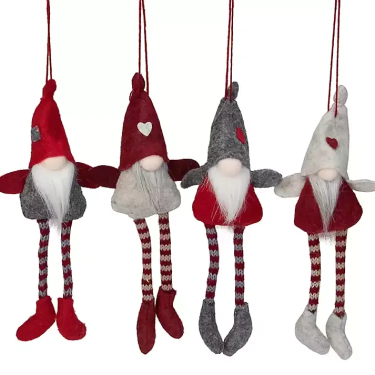Hot Red and Gray Long Legged Gnome Ornaments, Set of 4 Christmas Ornaments