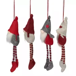 Hot Red and Gray Long Legged Gnome Ornaments, Set of 4 Christmas Ornaments
