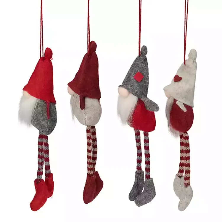 Hot Red and Gray Long Legged Gnome Ornaments, Set of 4 Christmas Ornaments