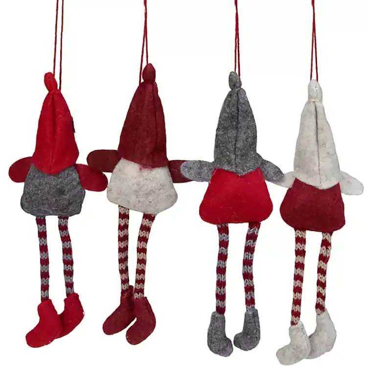 Hot Red and Gray Long Legged Gnome Ornaments, Set of 4 Christmas Ornaments