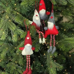 Hot Red and Gray Long Legged Gnome Ornaments, Set of 4 Christmas Ornaments