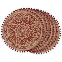 Kirklands Home Table Linens|Red and Natural Print Round Placemats, Set of 6