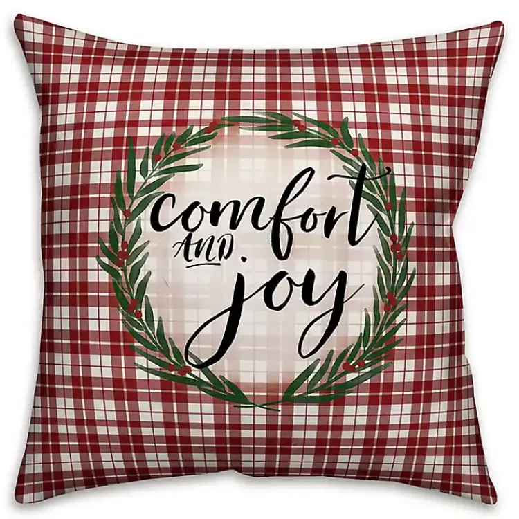 Clearance Red and White Plaid Comfort and Joy Pillow Christmas Pillows