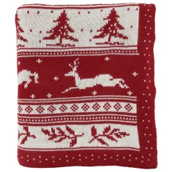 Discount Red and White Stripe Reindeer Christmas Knit Throw Christmas Decorations