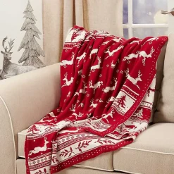 Discount Red and White Stripe Reindeer Christmas Knit Throw Christmas Decorations