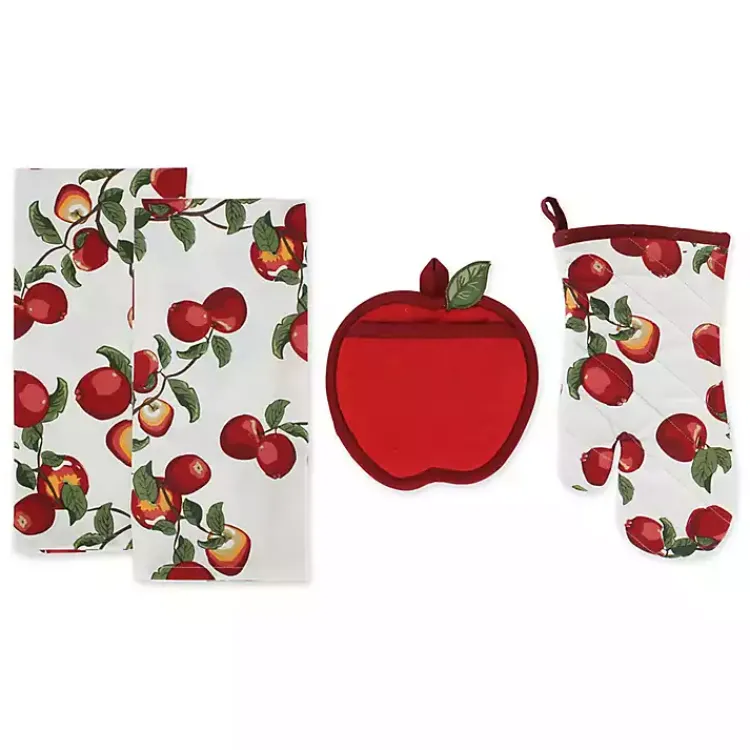 Kirklands Home Kitchen Accessories|Red Apples 4-pc. Kitchen Towel and Pot Holder Set