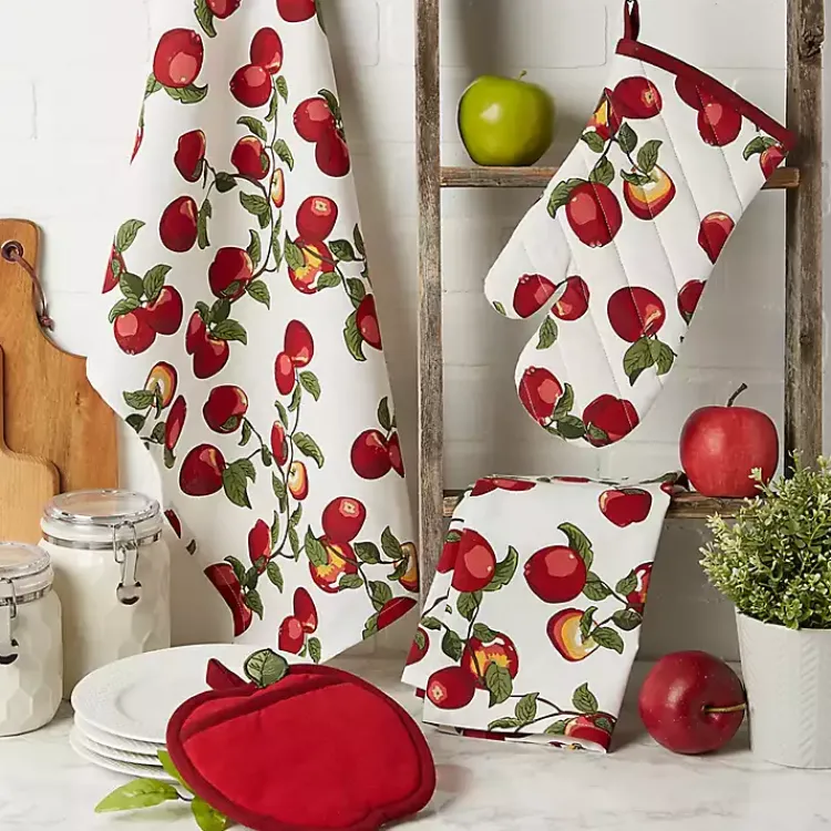 Kirklands Home Kitchen Accessories|Red Apples 4-pc. Kitchen Towel and Pot Holder Set