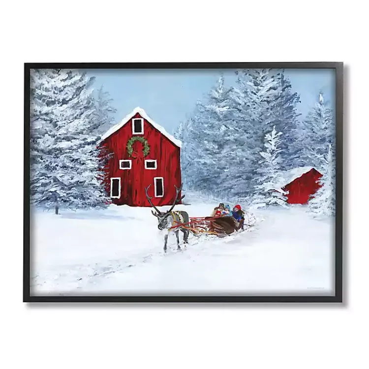 Clearance Red Barn with Reindeer Framed Art Print Christmas Art & Wall Decor
