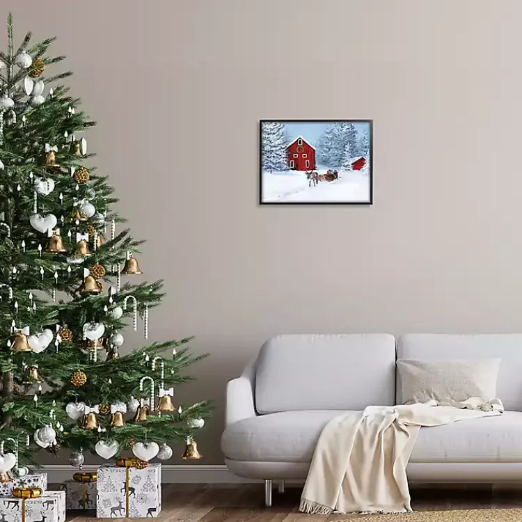 Clearance Red Barn with Reindeer Framed Art Print Christmas Art & Wall Decor